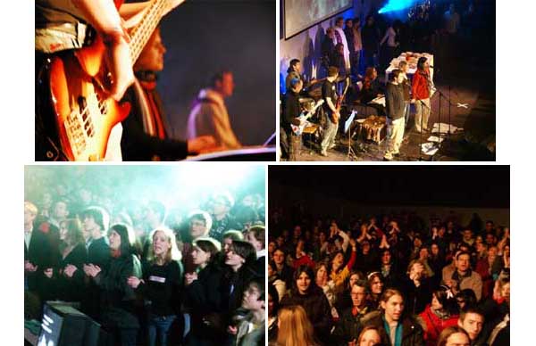 photographs showing crowds and bands at the Vienna rock Mass